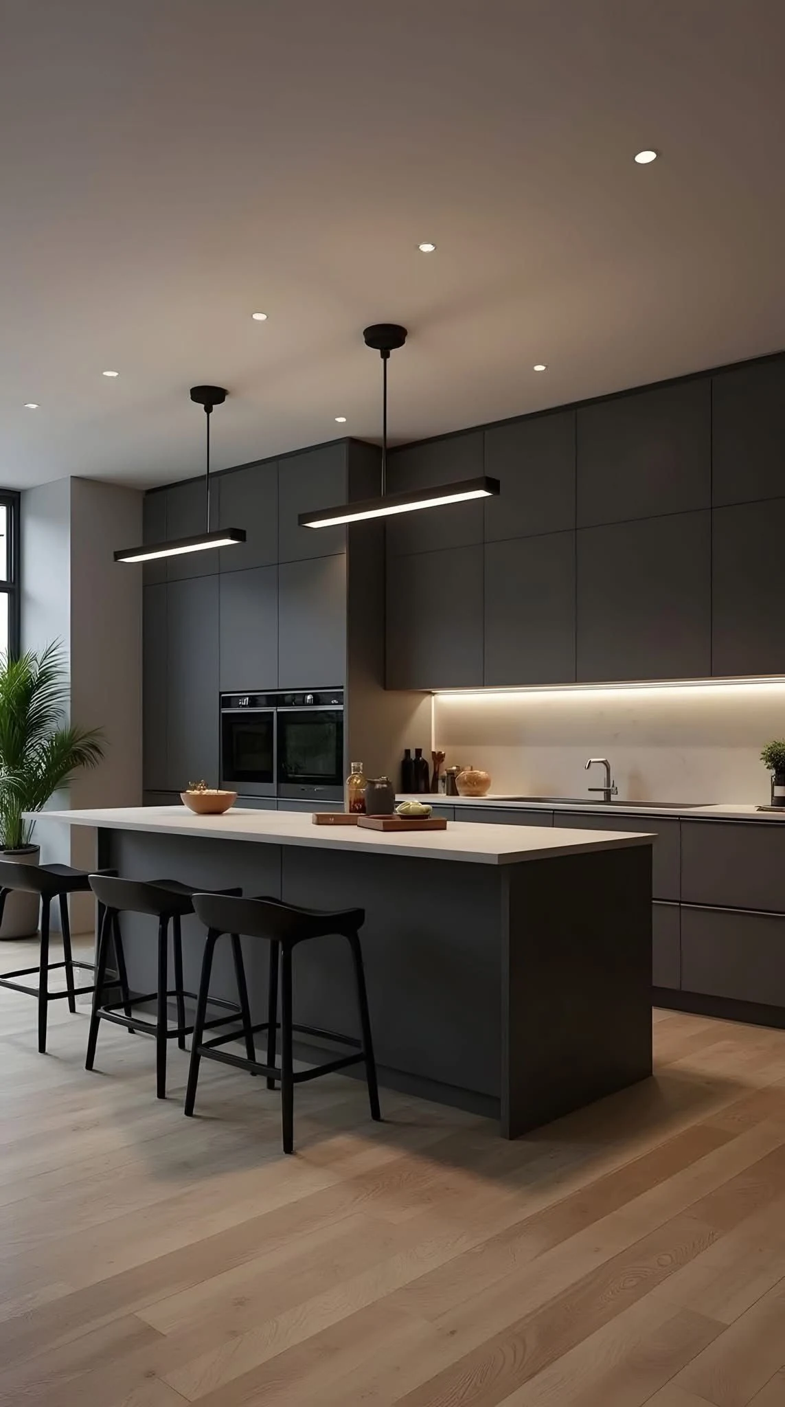 Cozinha planejada AMART com ilha central e acabamento em grafite